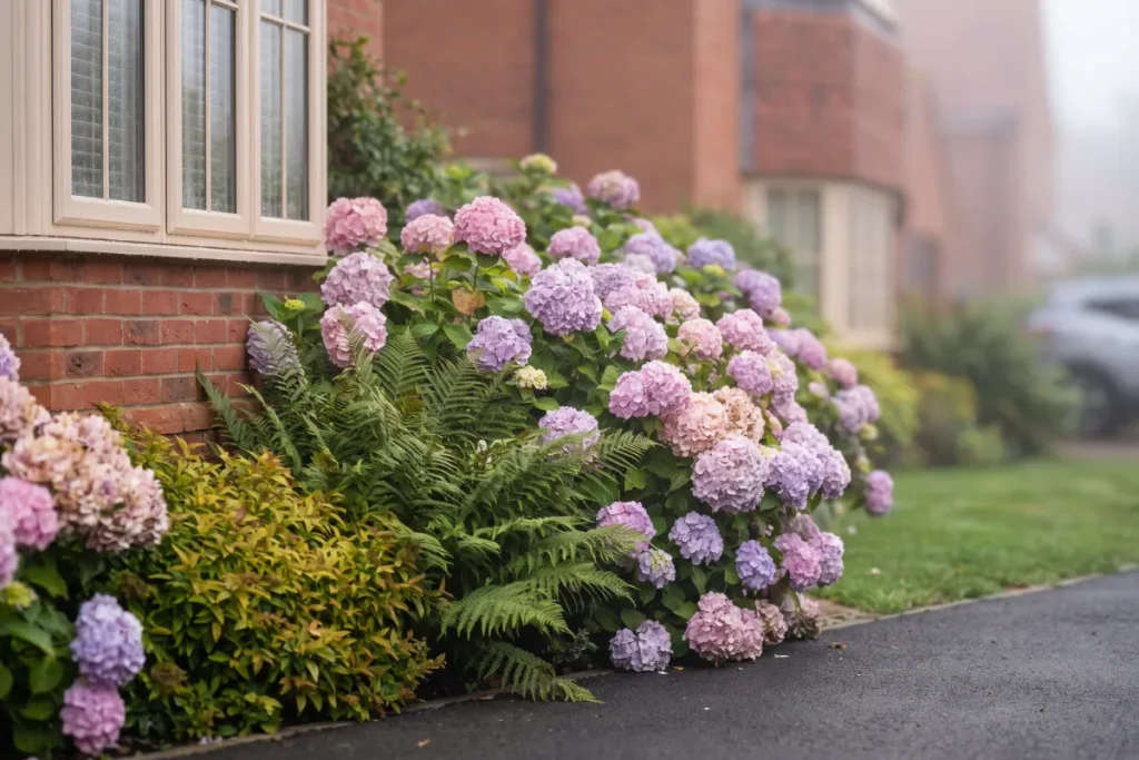 Large mophead hydrangea bushes with pink and purple blooms along a garden border next to a red brick house foundation.