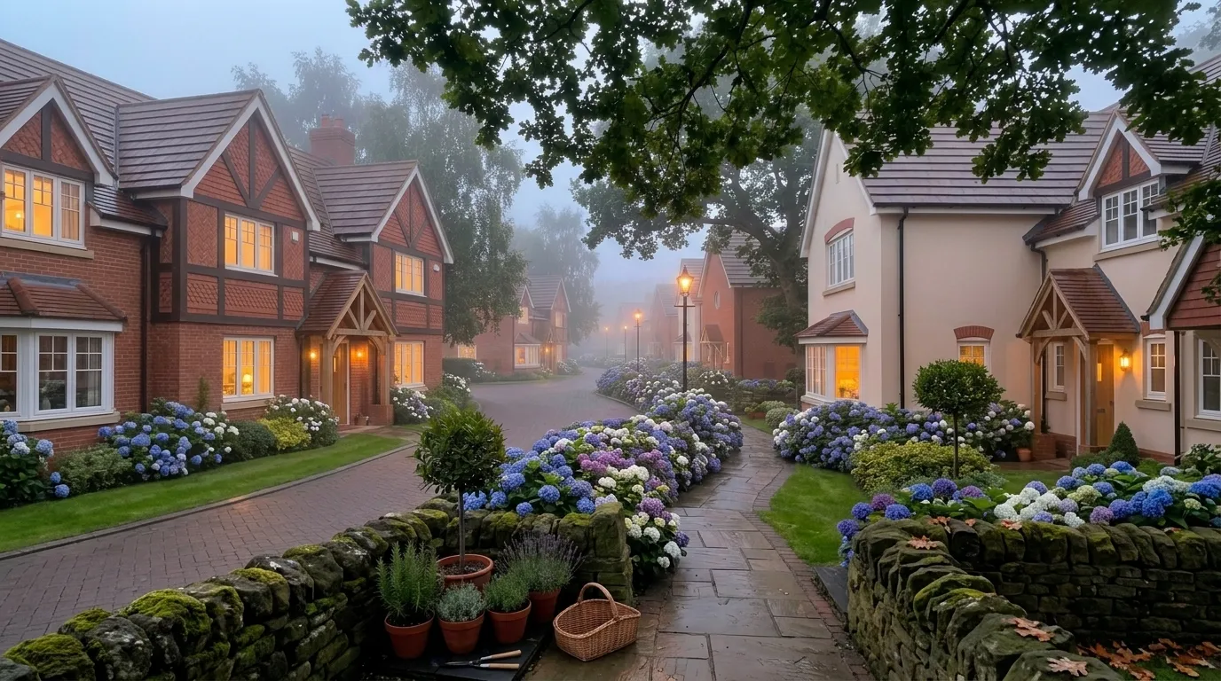 English houses with hydrangeas and stone wall.