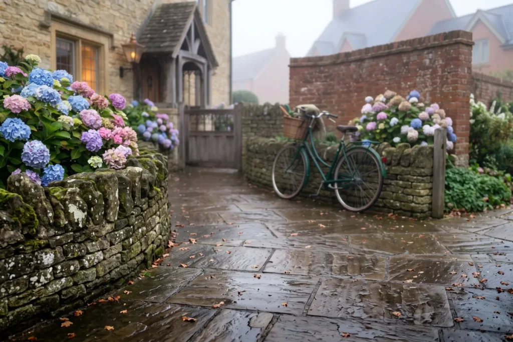 Wet flagstone pathway flanked by traditional dry stone walls, blooming hydrangeas, and a vintage bicycle outside an English cottage.