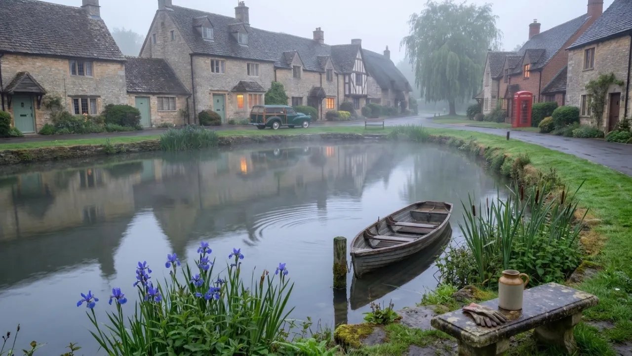 Misty morning in a historic English village with stone cottages, a calm pond reflecting the houses, a wooden rowboat moored, and purple irises in the foreground.