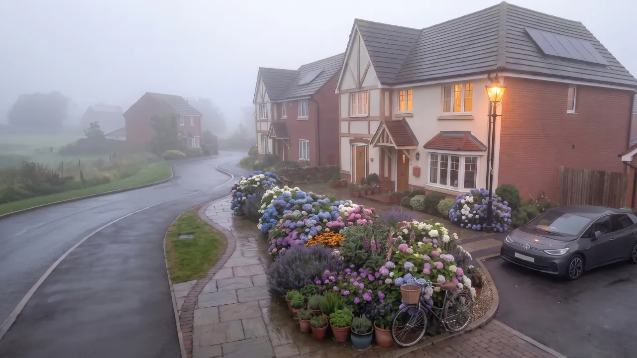 A beautifully landscaped front garden transforming a home's entrance, featuring large, dense drifts of pink, blue, and white hydrangeas along a curved natural stone pathway on a misty morning.