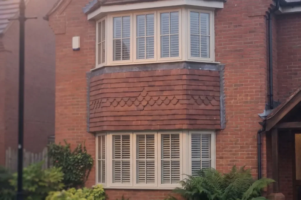 A two-storey canted bay window with off-white frames and white plantation shutters on a red brick house exterior, separated by decorative clay tile-hanging.