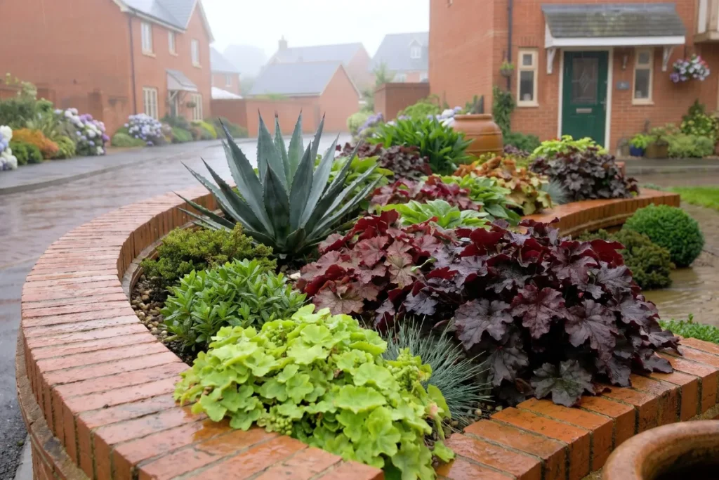 Agave and purple heuchera in brick bed