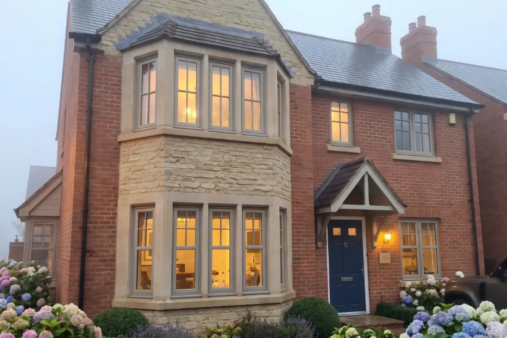 Ashlar stone bay window brick facade