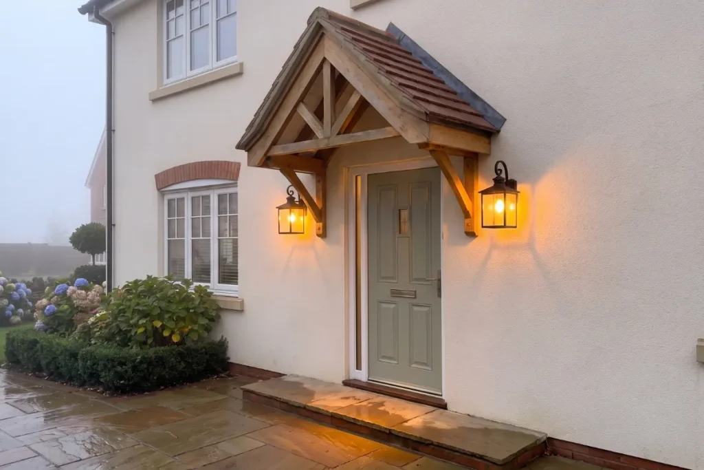 Black carriage lanterns framing front door