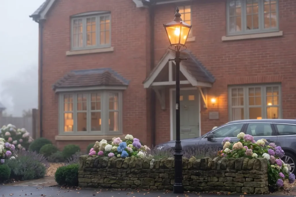 Black iron post lantern by stone wall