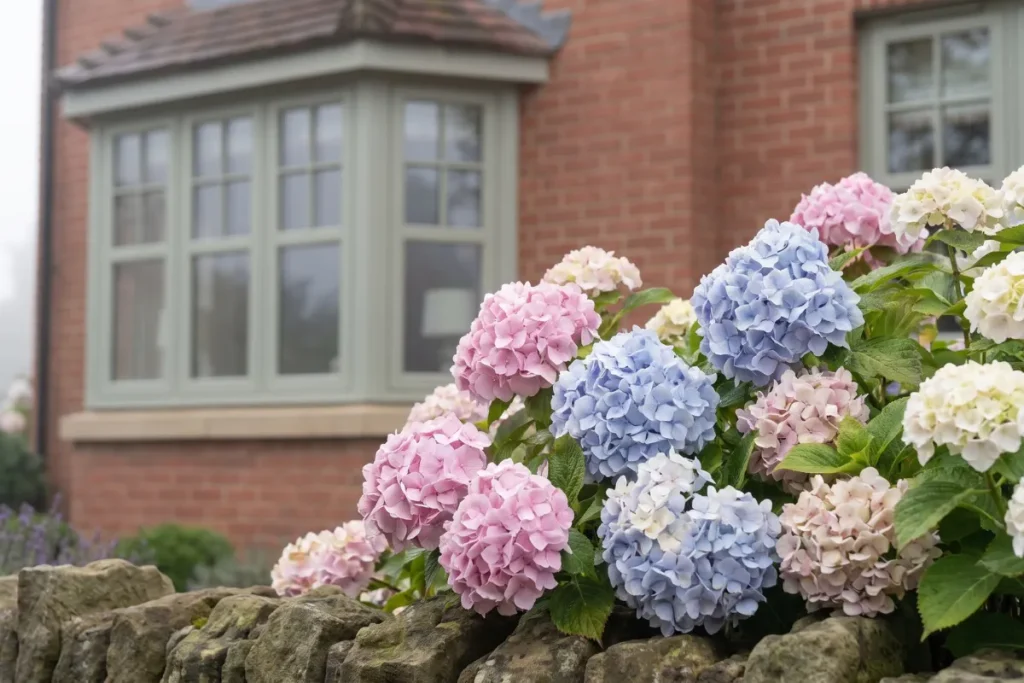 Brick facade with pastel hydrangea blooms