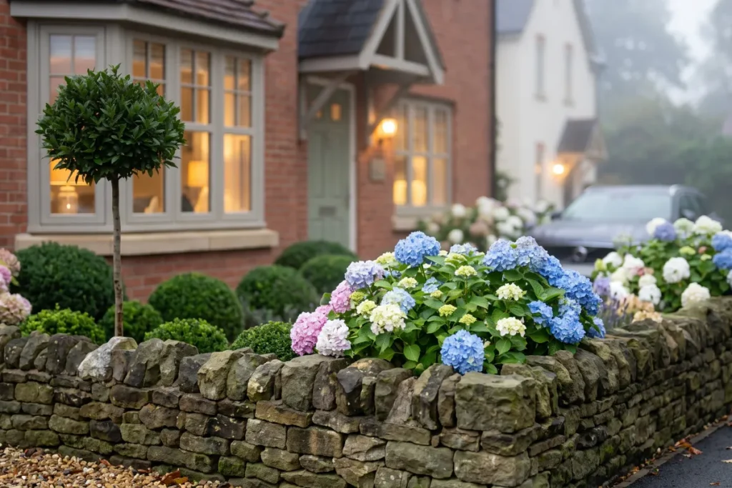 Clipped evergreen spheres and mophead hydrangeas