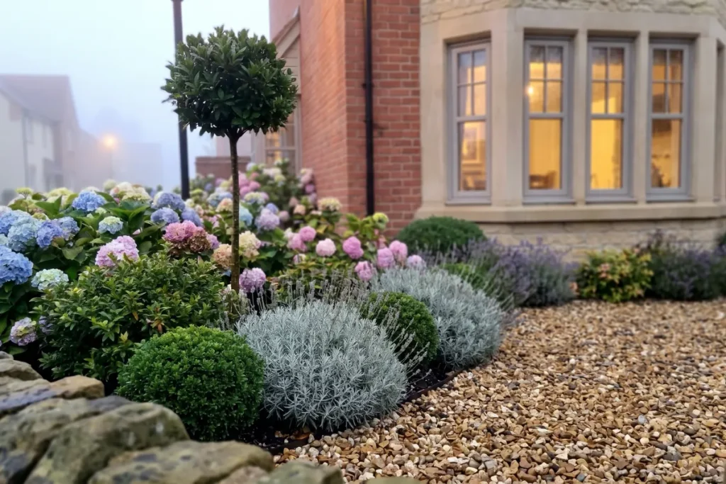 Clipped topiary ball and lavender plants