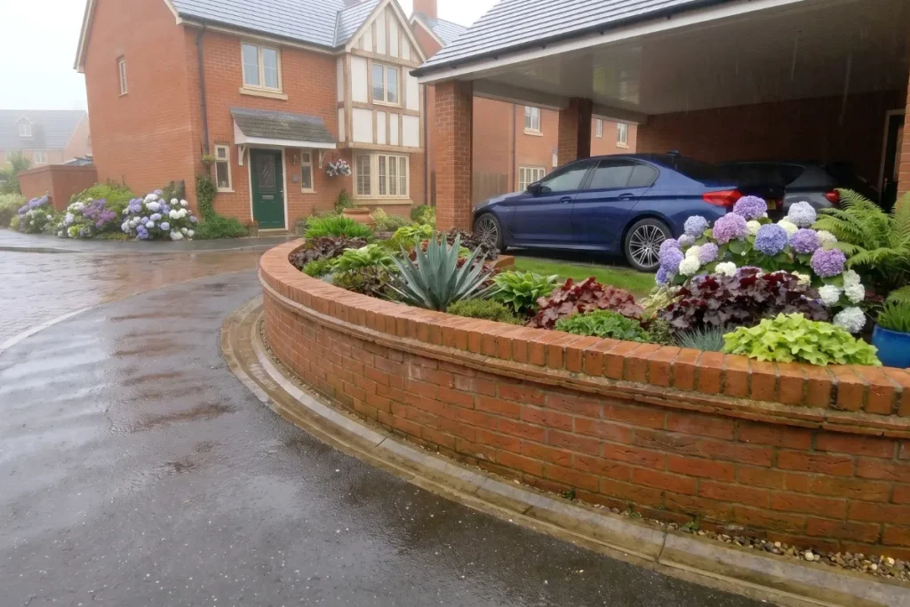 Curved brick garden wall on suburban road