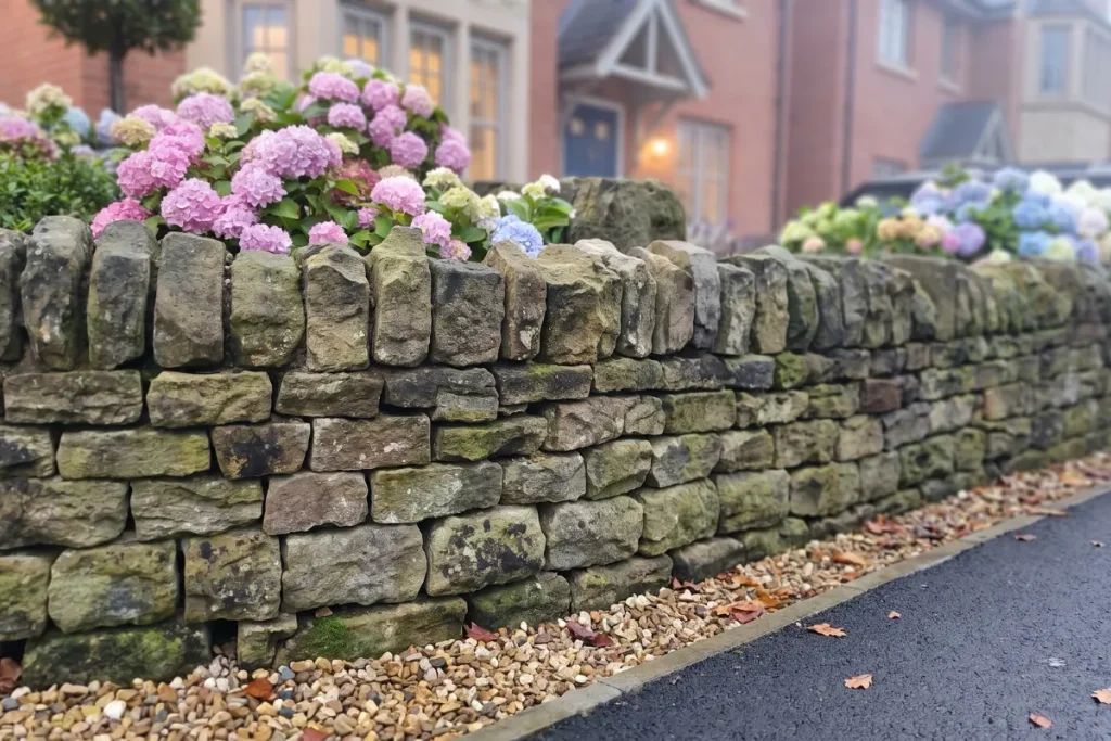 Curved dry stone front retaining wall