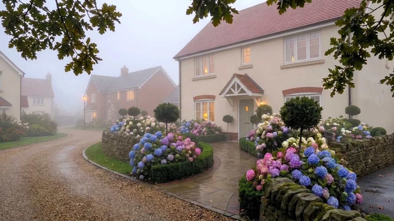 Front garden topiary and hydrangea border