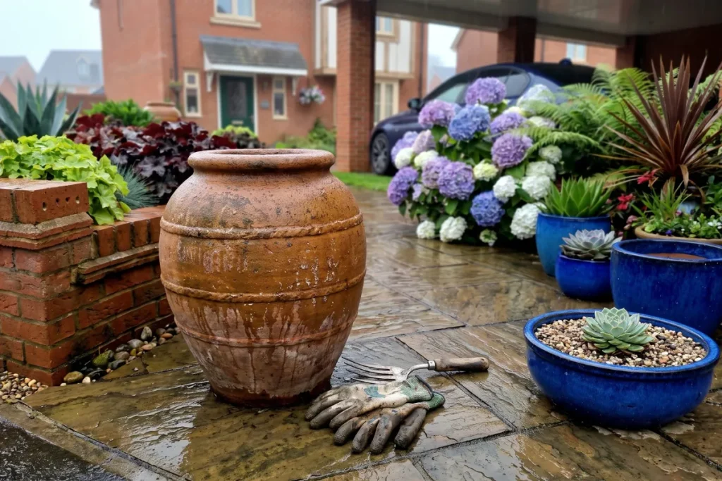 Glazed blue pots and terracotta urn