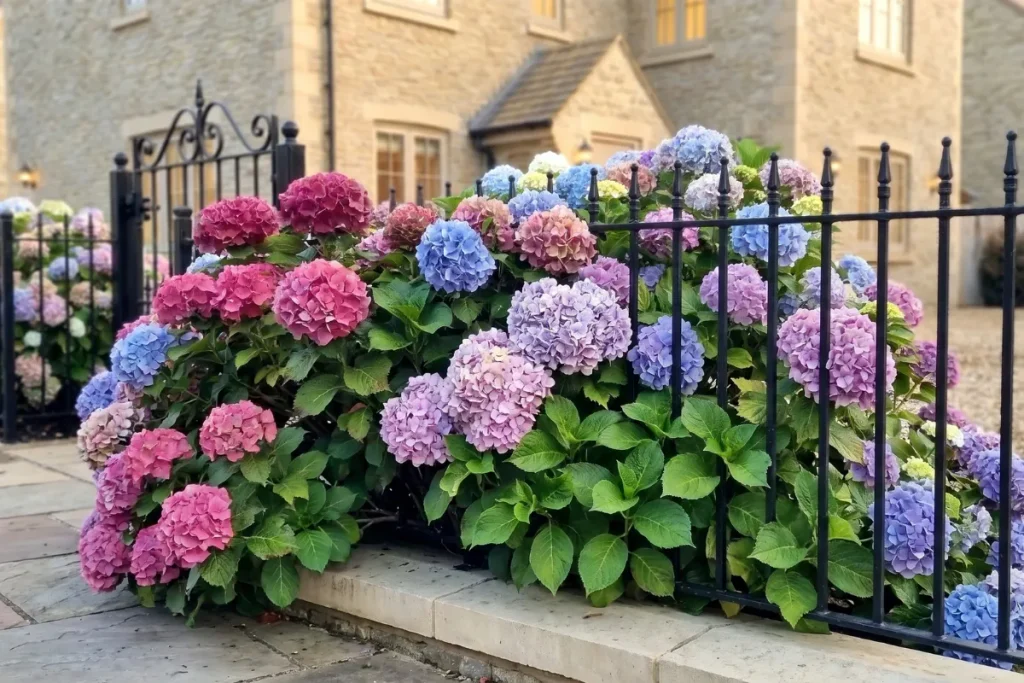 Hydrangea border hedging along suburban sidewalk.