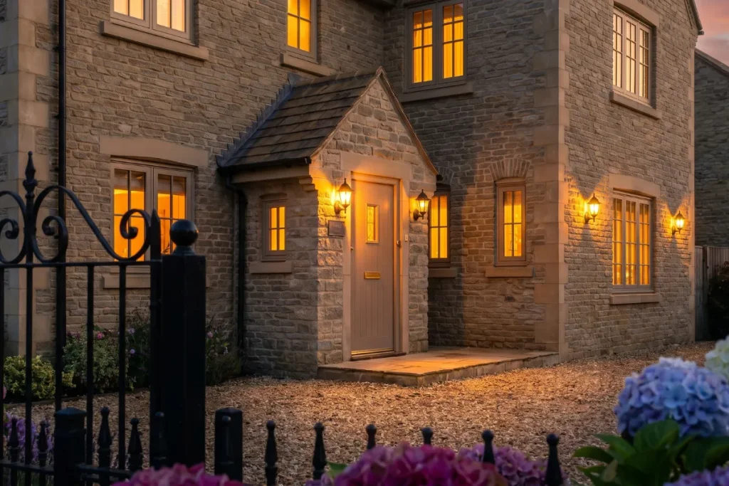 Lit exterior lanterns on stone porch.