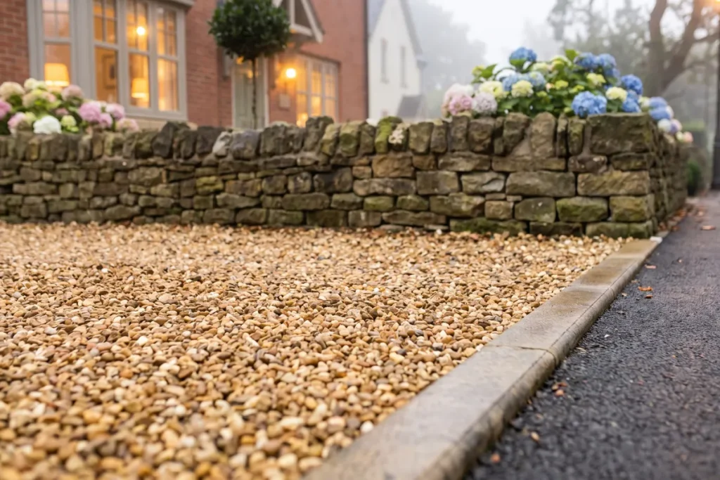 Loose pea gravel driveway and curb edge
