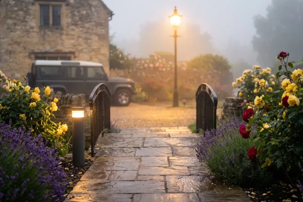 Low bollard light illuminating flagstone path