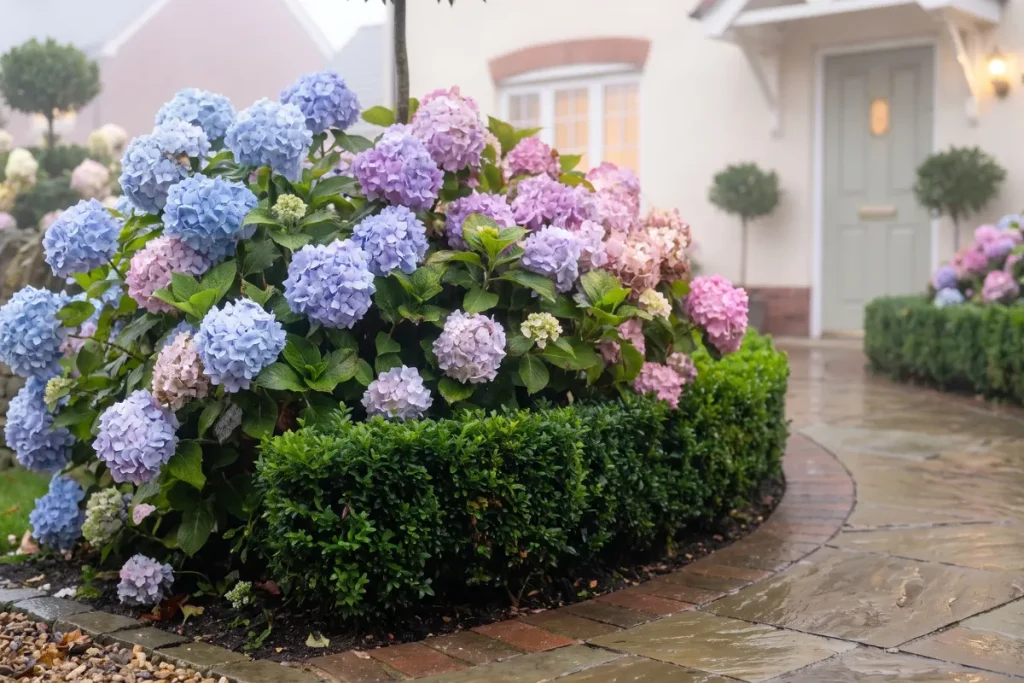 Low boxwood hedge framing flower border