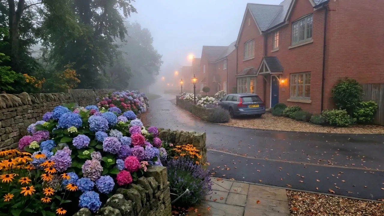 Misty English village lane with hydrangeas.