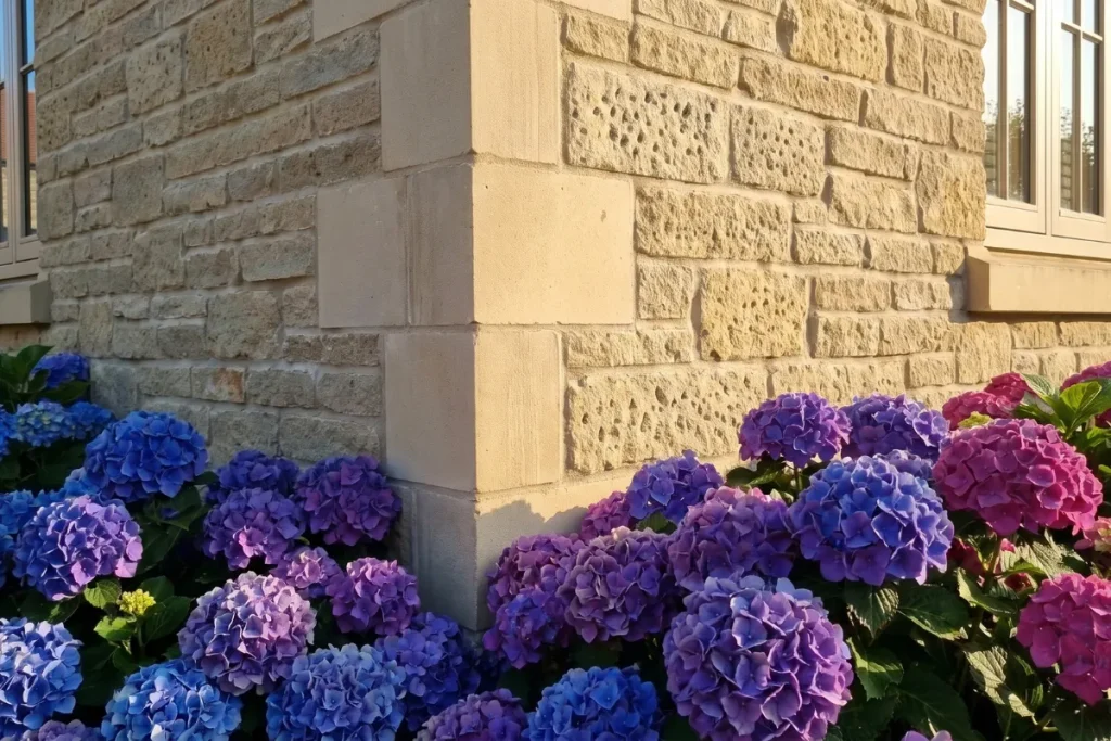 Mophead flowers against natural stone facade.