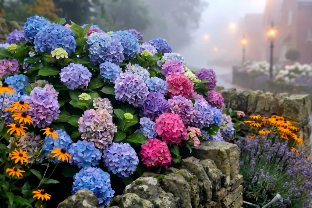 Orange rudbeckia beside purple hydrangeas.