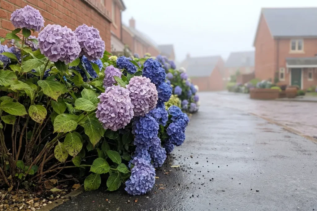 Purple mophead hydrangeas along street curve