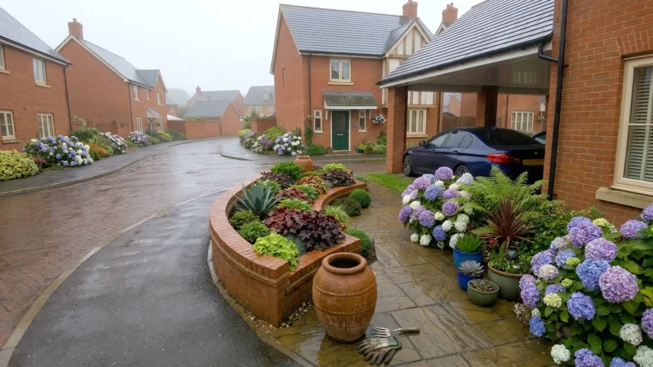 Rain-soaked front garden and brick house