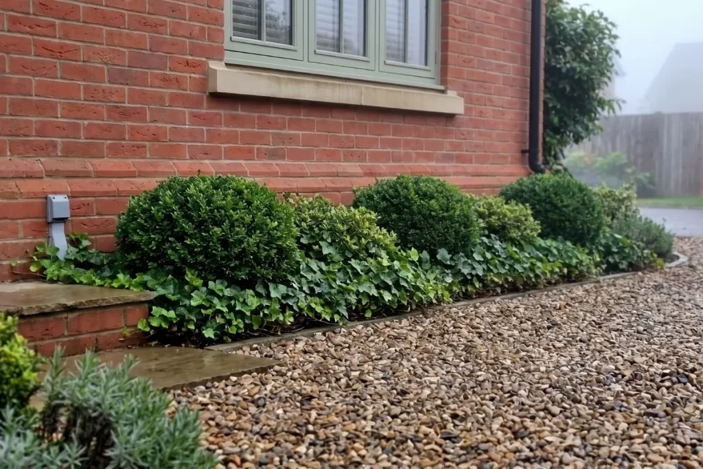 Red brick house with gravel driveway.