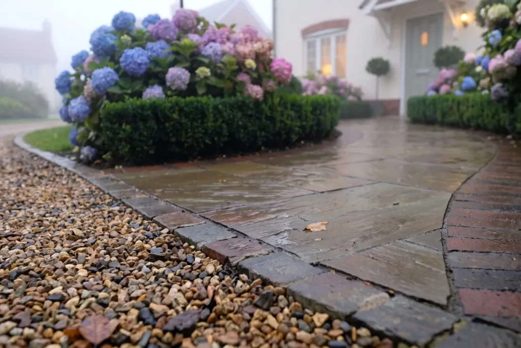 Sandstone pathway edged with clay pavers