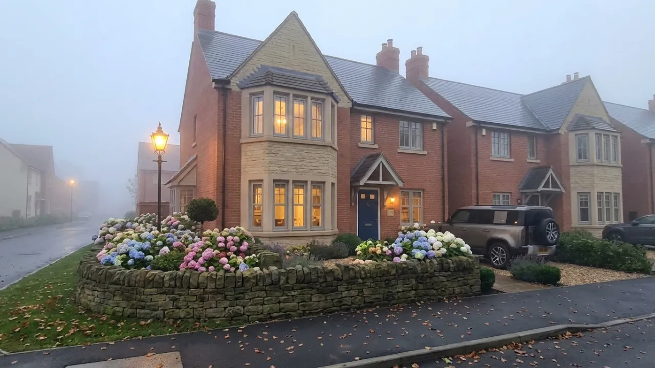 Sandstone retaining wall with colourful hydrangeas