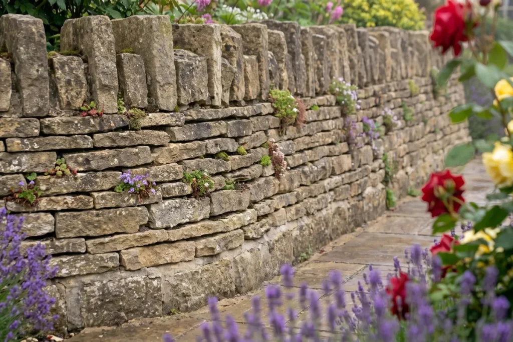 Stacked limestone retaining walls bordering garden