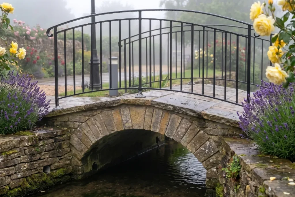 Stone bridge with black iron railings
