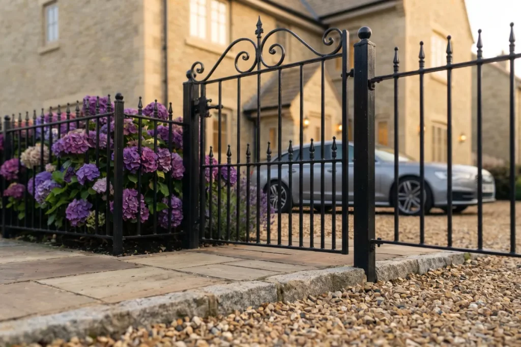 Wrought iron gates beside gravel driveway.